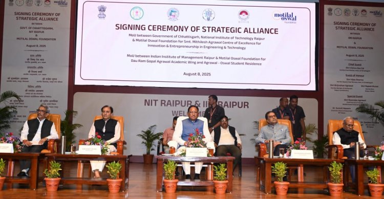 छत्तीसगढ़ शासन, आईआईएम, एनआईटी और मोतीलाल ओसवाल फाउंडेशन के त्रिपक्षीय एमओयू पर हस्ताक्षर  हस्ताक्षर के साक्षी बने मुख्यमंत्री श्री विष्णु देव साय  फाउंडेशन द्वारा आईआईएम एवं एनआईटी को 172 करोड़ रुपये का योगदानछत्तीसगढ़ शासन, आईआईएम, एनआईटी और मोतीलाल ओसवाल फाउंडेशन के त्रिपक्षीय एमओयू पर हस्ताक्षर  हस्ताक्षर के साक्षी बने मुख्यमंत्री श्री विष्णु देव साय  फाउंडेशन द्वारा आईआईएम एवं एनआईटी को 172 करोड़ रुपये का योगदान